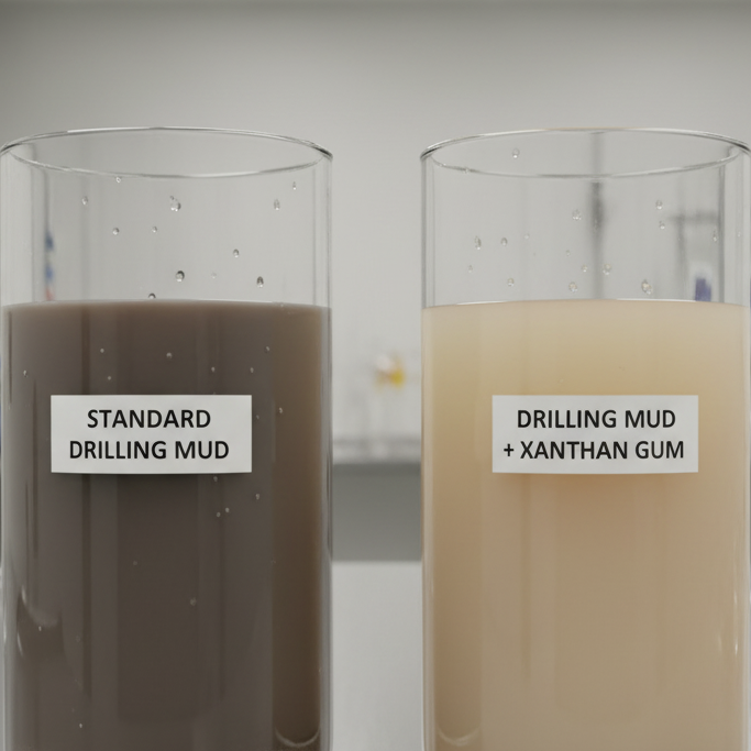 Comparison of drilling mud samples with and without Xanthan Gum showing enhanced fluid stability.